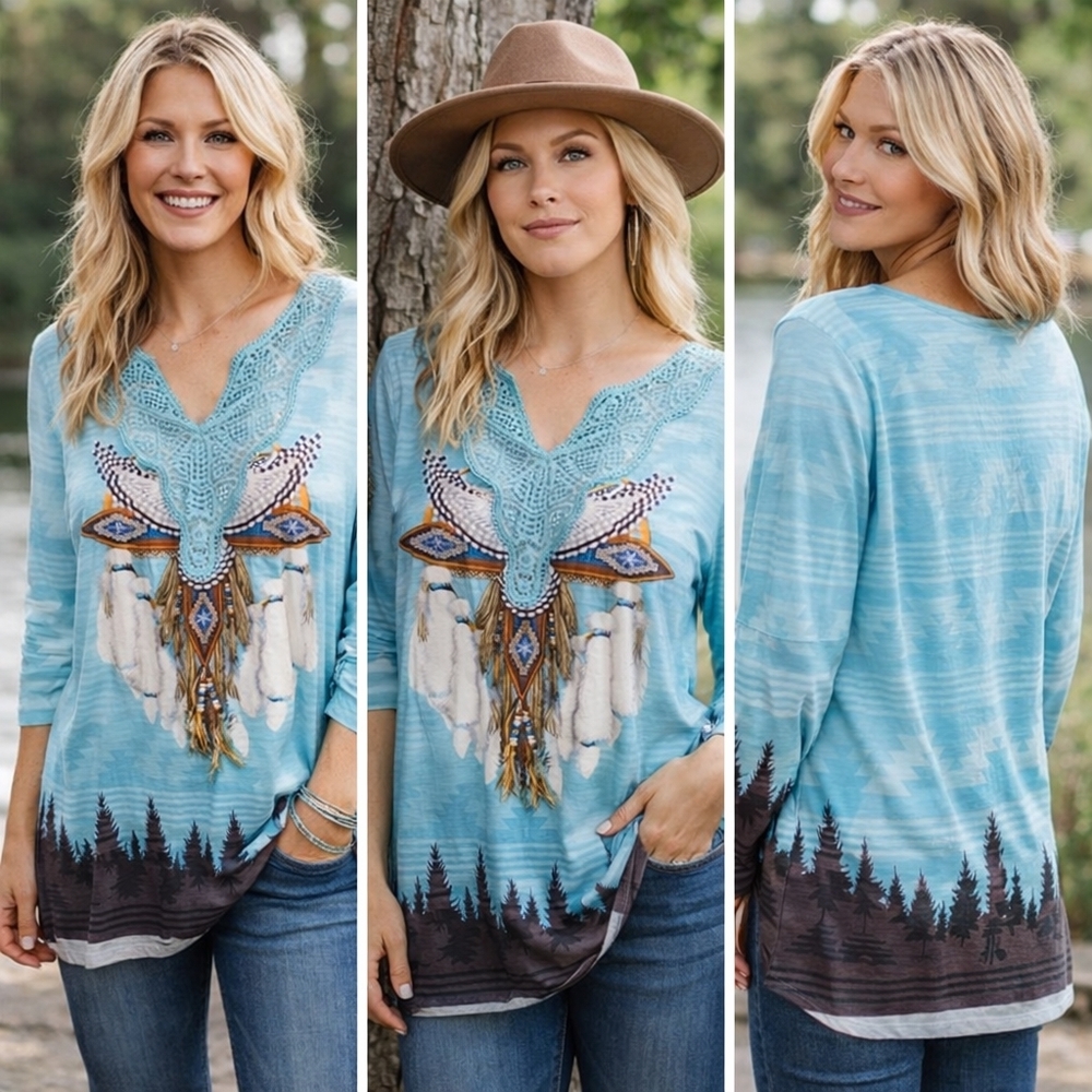 Elegant Blue and Brown Tunic with Lace Detail